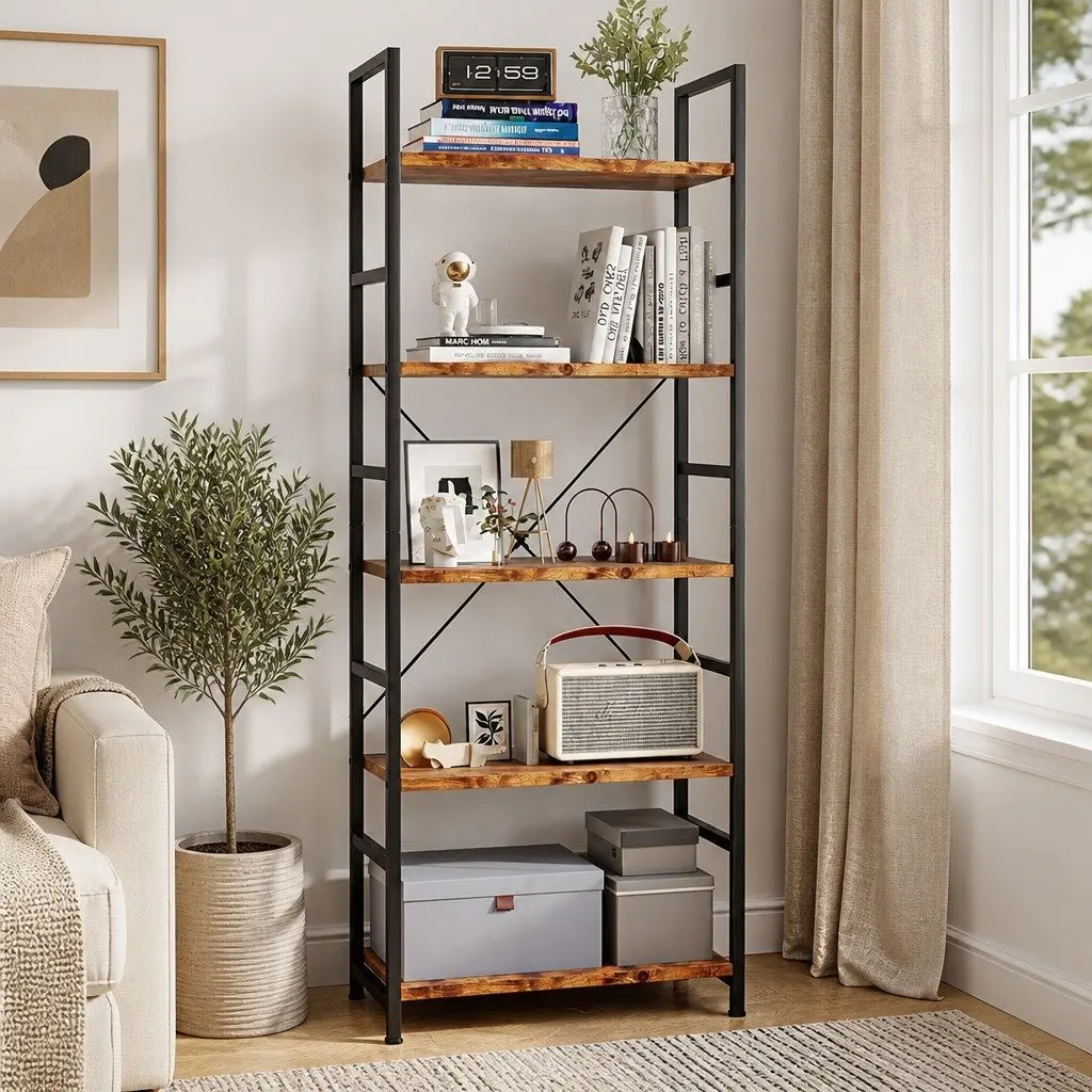 5-Tier Bookshelf Industrial Style 157.5cm Tall Rustic Brown Storage Cabinet Display Shelving Unit