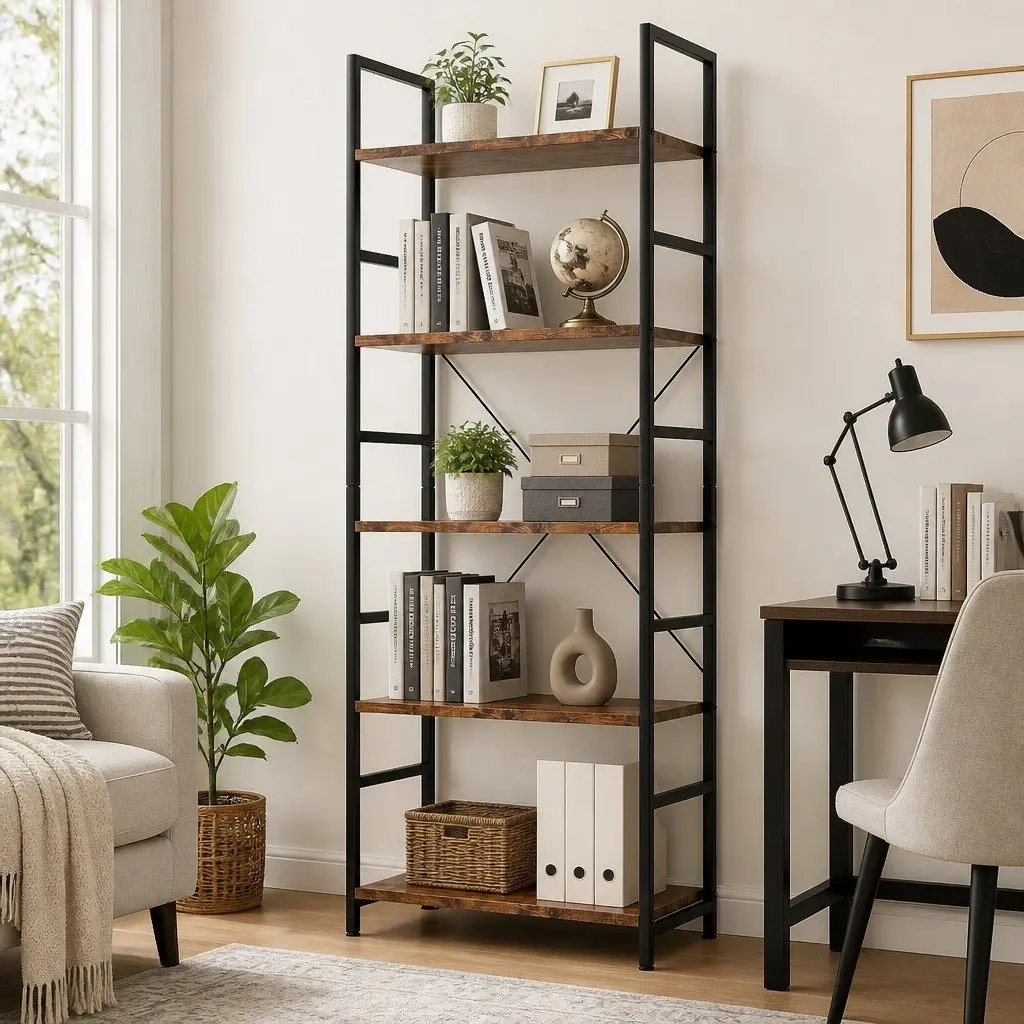 5-Tier Bookshelf Industrial Style 157.5cm Tall Rustic Brown Storage Cabinet Display Shelving Unit