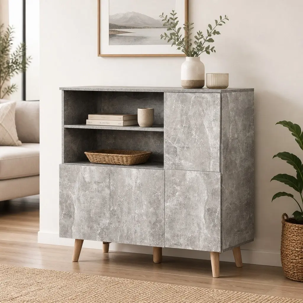 Buffet Sideboard Storage Cabinet with Open Shelves Grey Living Room Furniture