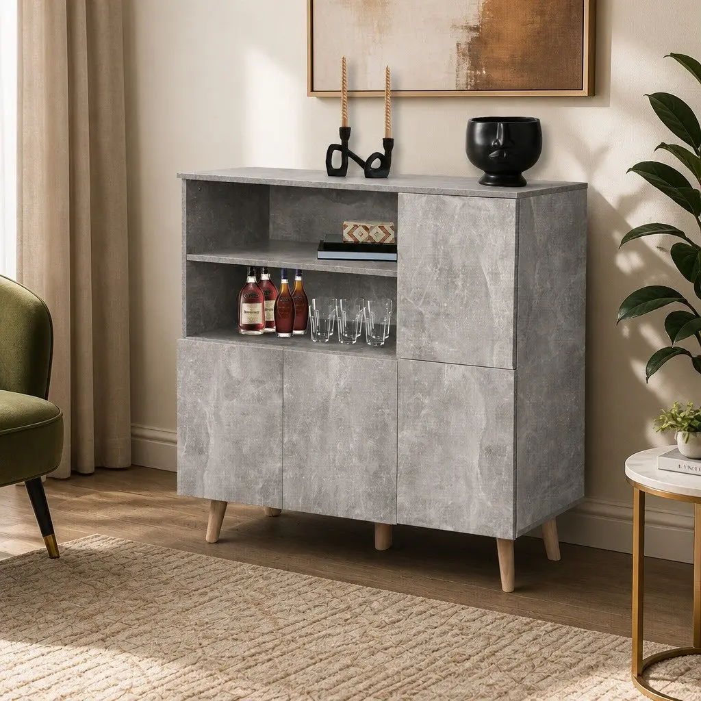 Buffet Sideboard Storage Cabinet with Open Shelves Grey Living Room Furniture