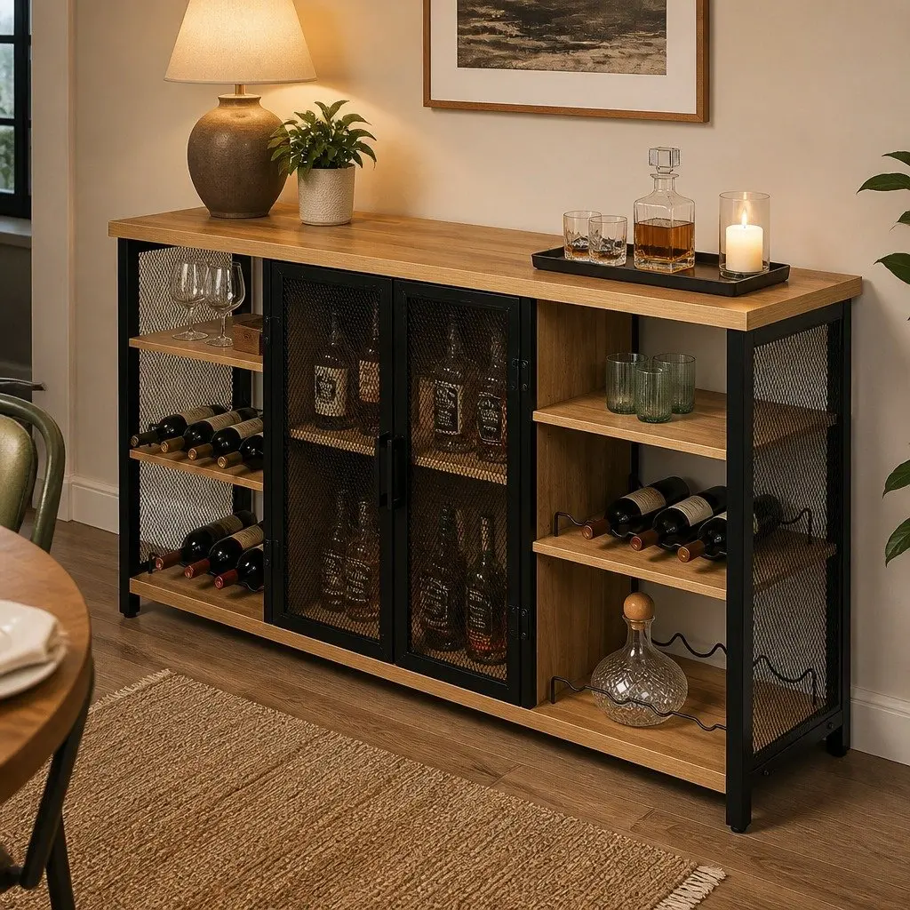 Bar Cabinet Sideboard Buffet Wine Rack Storage Industrial Style Metal Mesh Doors