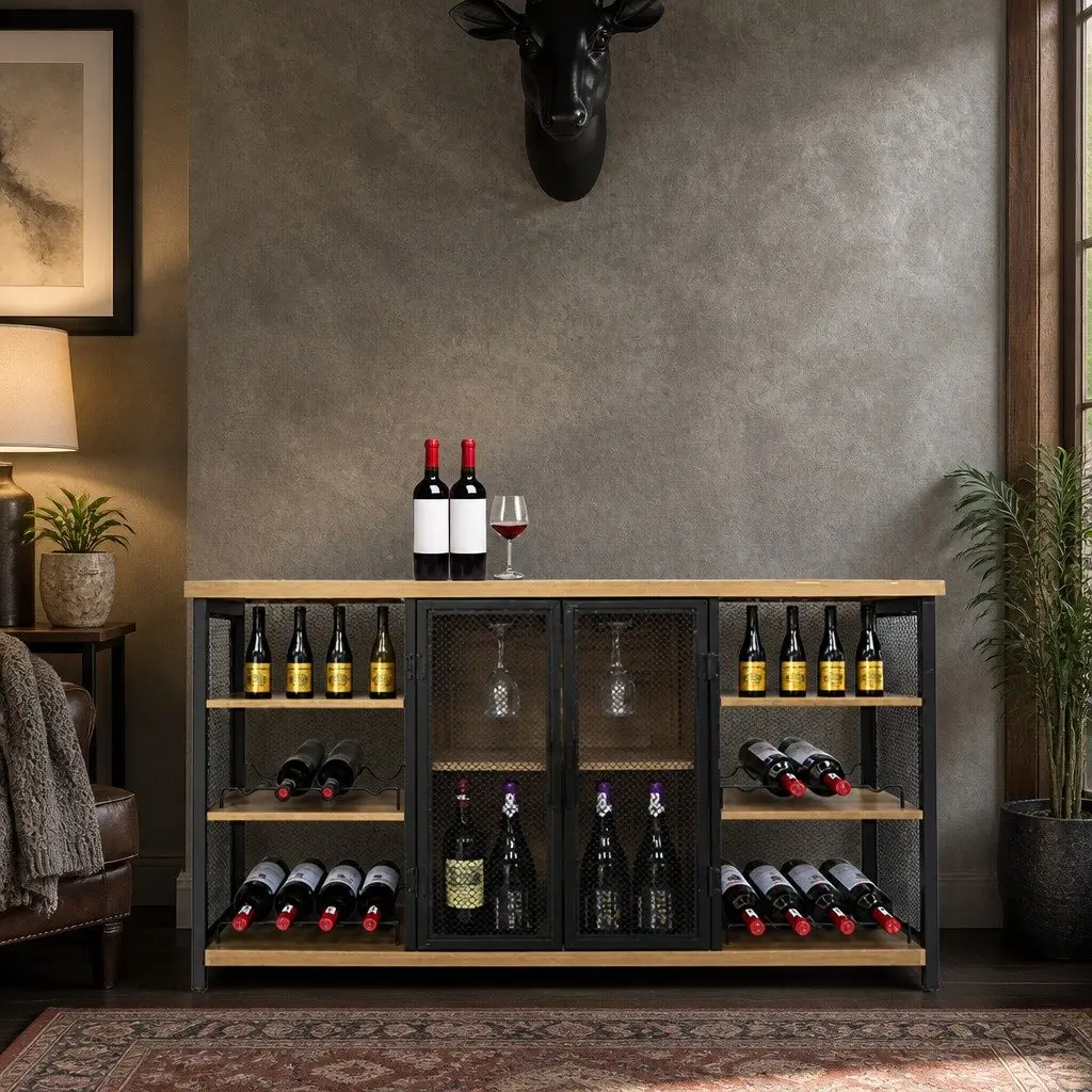 Bar Cabinet Sideboard Buffet Wine Rack Storage Industrial Style Metal Mesh Doors