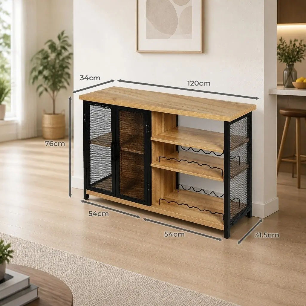 Bar Cabinet Buffet Sideboard Industrial Metal Wood Wine Storage Furniture