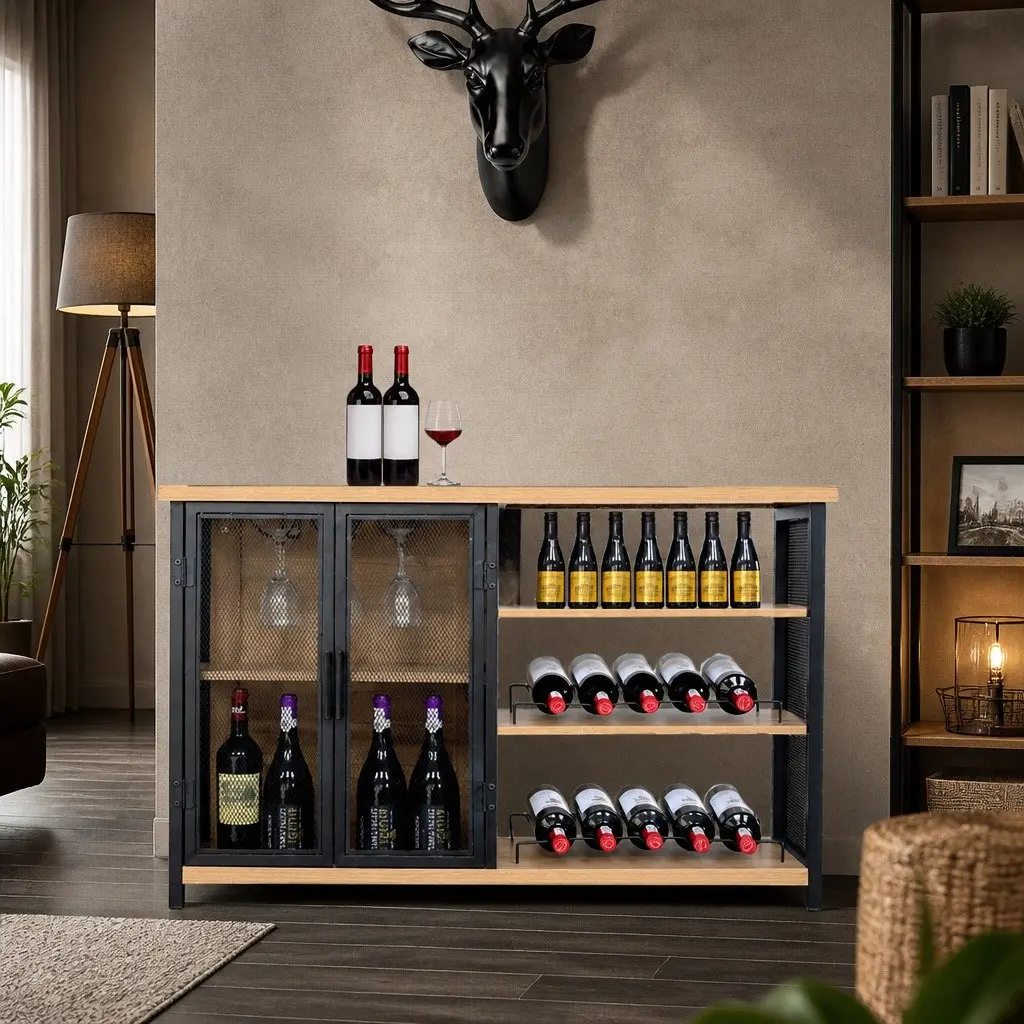 Bar Cabinet Buffet Sideboard Industrial Metal Wood Wine Storage Furniture
