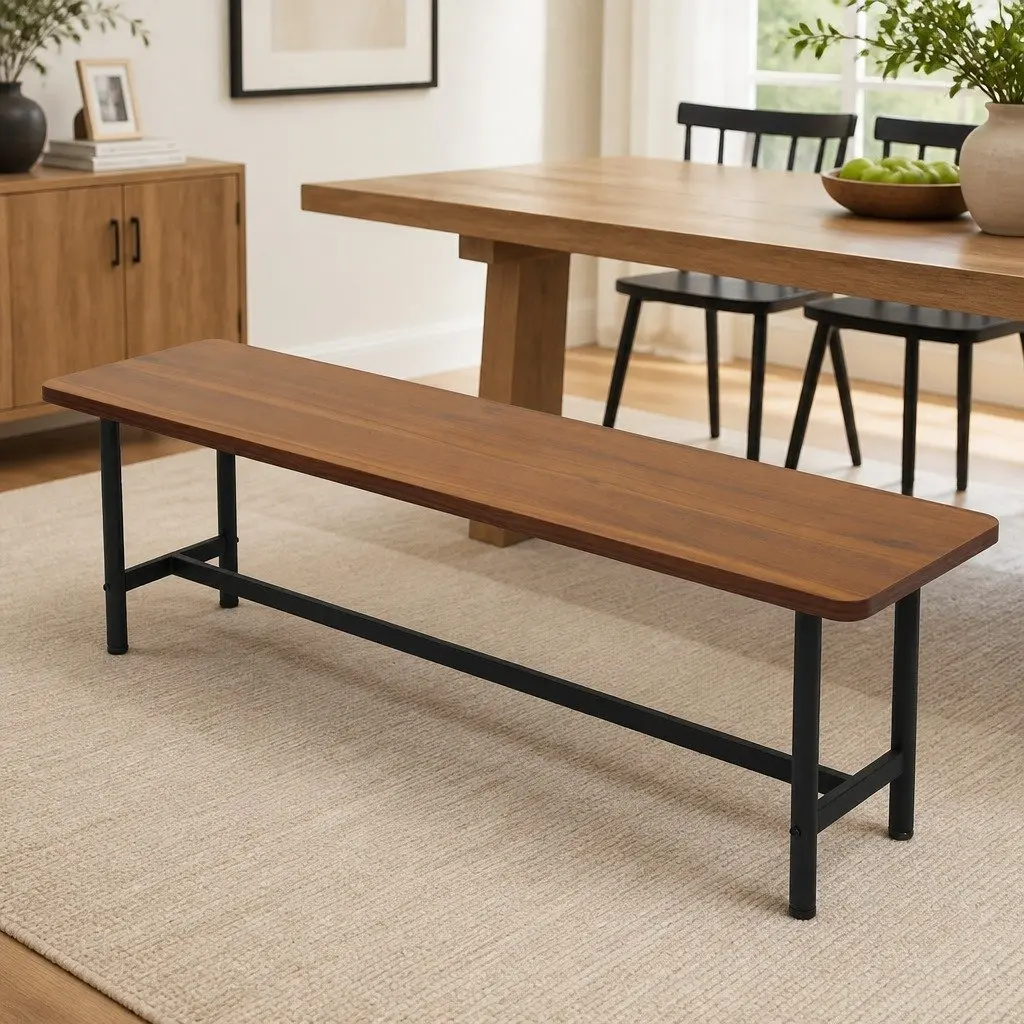 Dining Bench 2-3 Seater 140cm Brown MDF Top Steel Frame