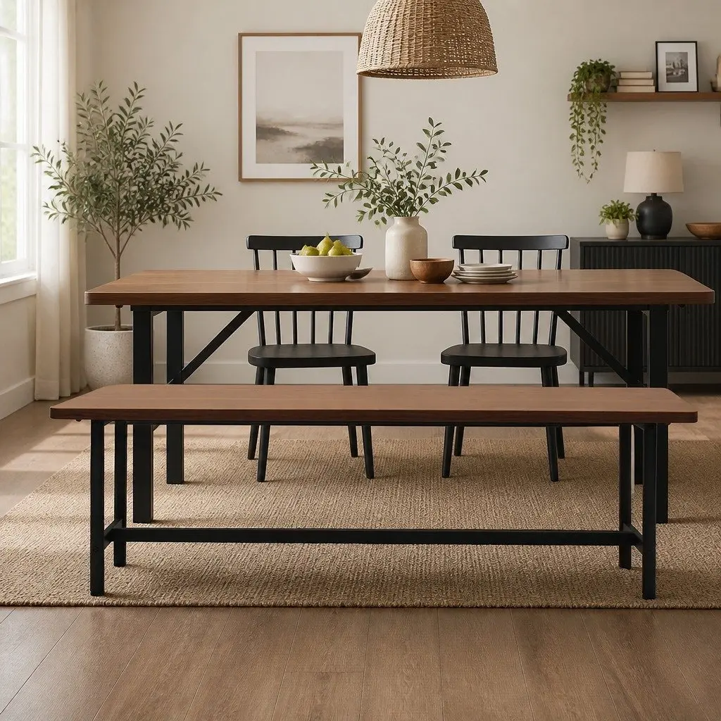 Dining Bench 2-3 Seater 140cm Brown MDF Top Steel Frame