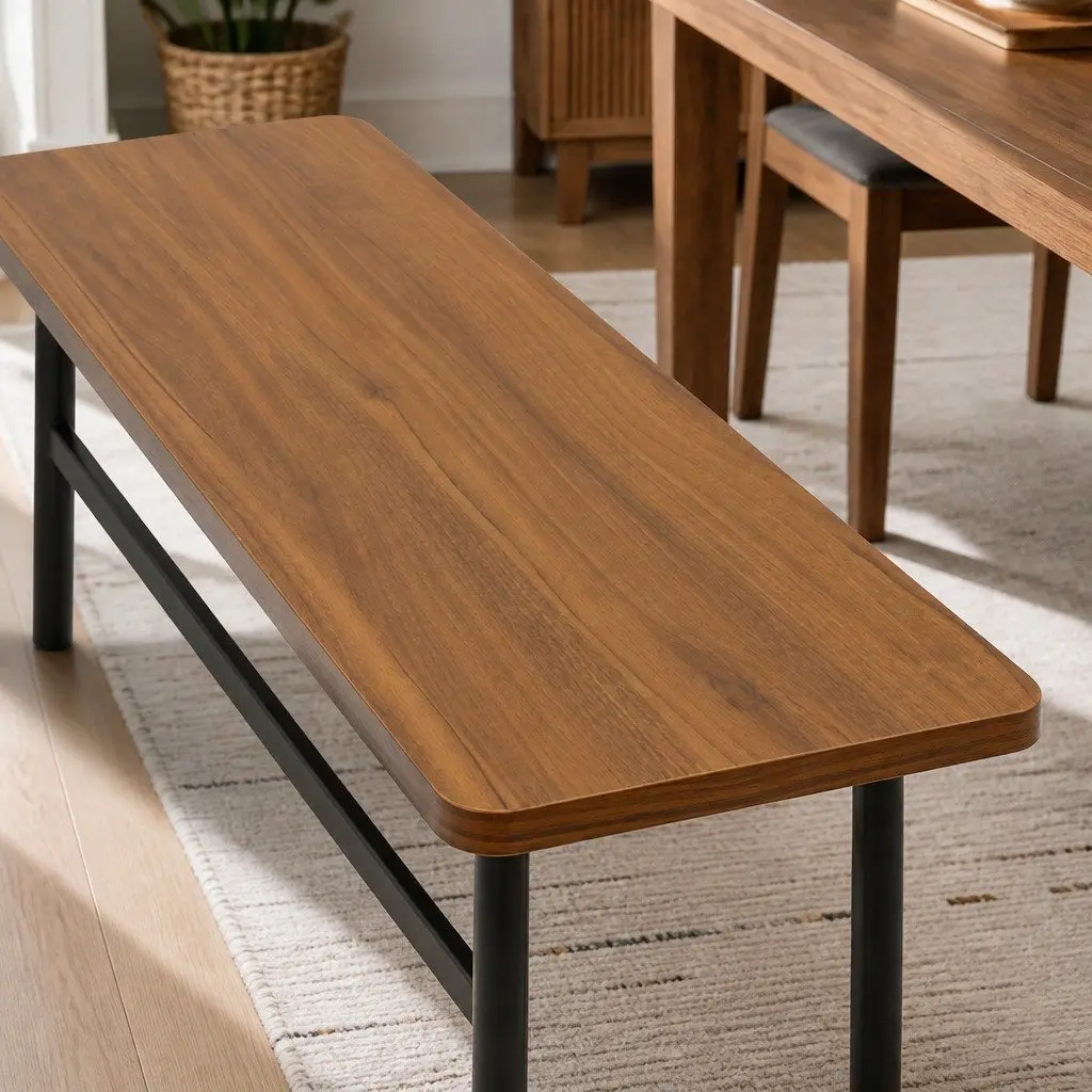 Dining Bench 2-3 Seater 140cm Brown MDF Top Steel Frame