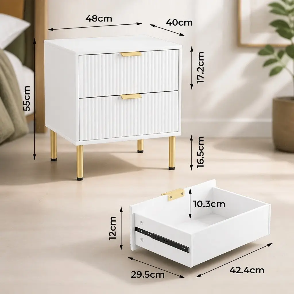 Bedside Table with 2 Drawers White Finish Metal Legs Storage Organiser