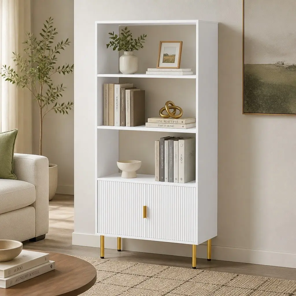 Display Shelf 3 Tier Open Storage Cabinet with Doors White and Gold Accents MDF and Steel Frame