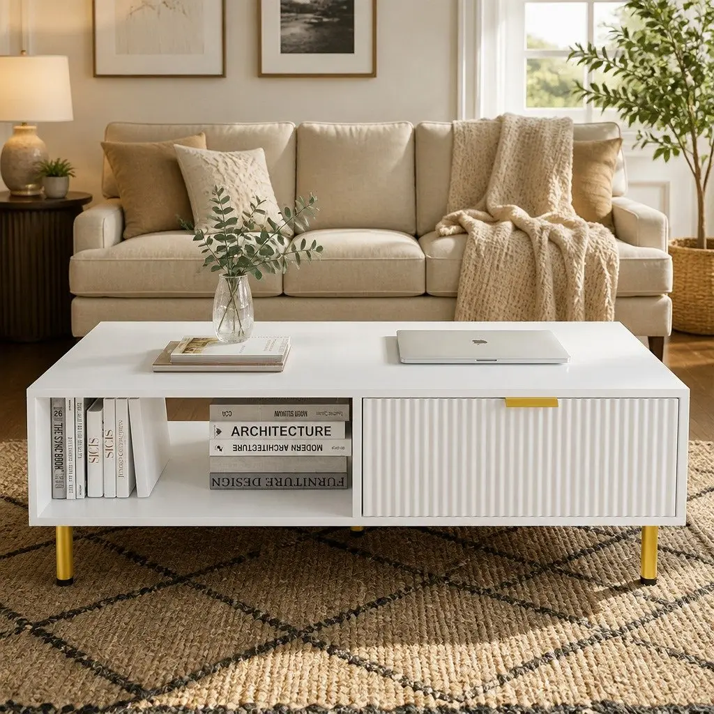 Coffee Table Modern White Gold 110cm with Storage Drawer and Open Shelf