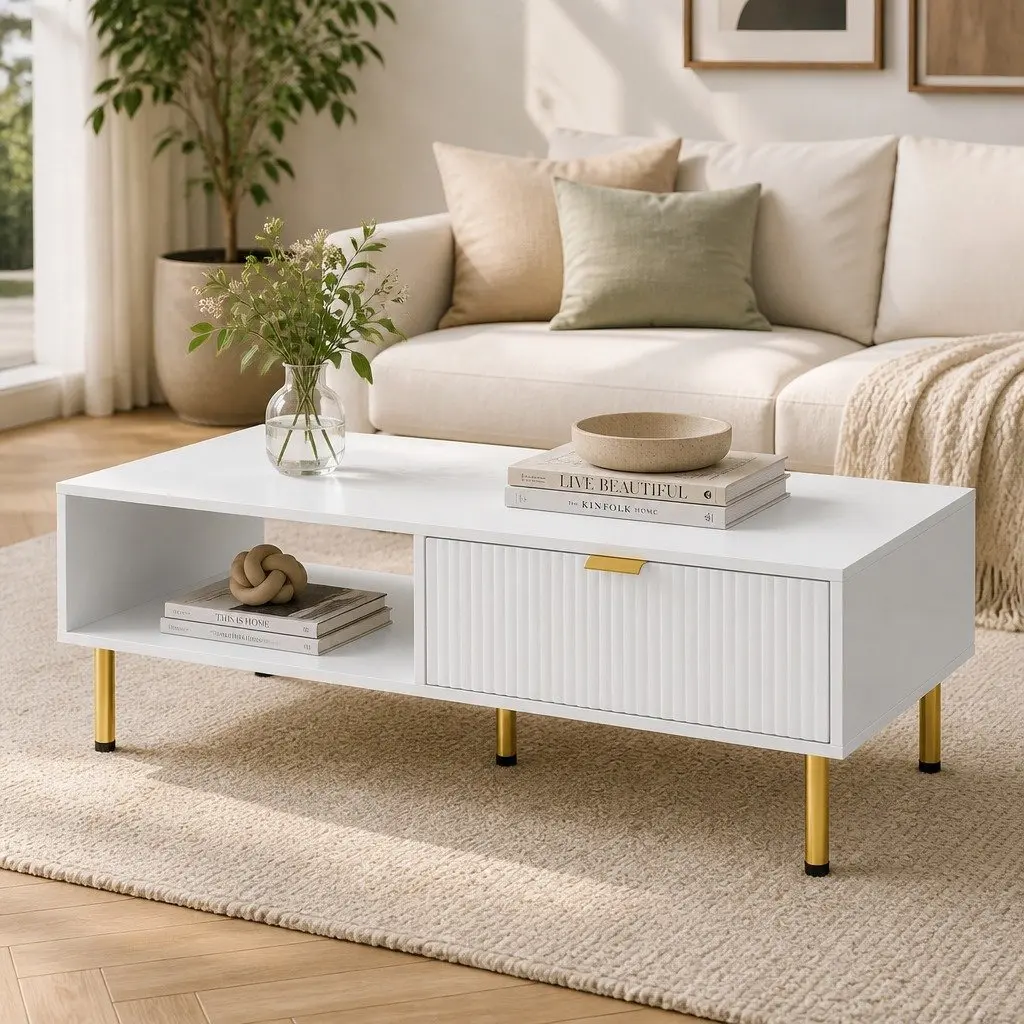 Coffee Table Modern White Gold 110cm with Storage Drawer and Open Shelf