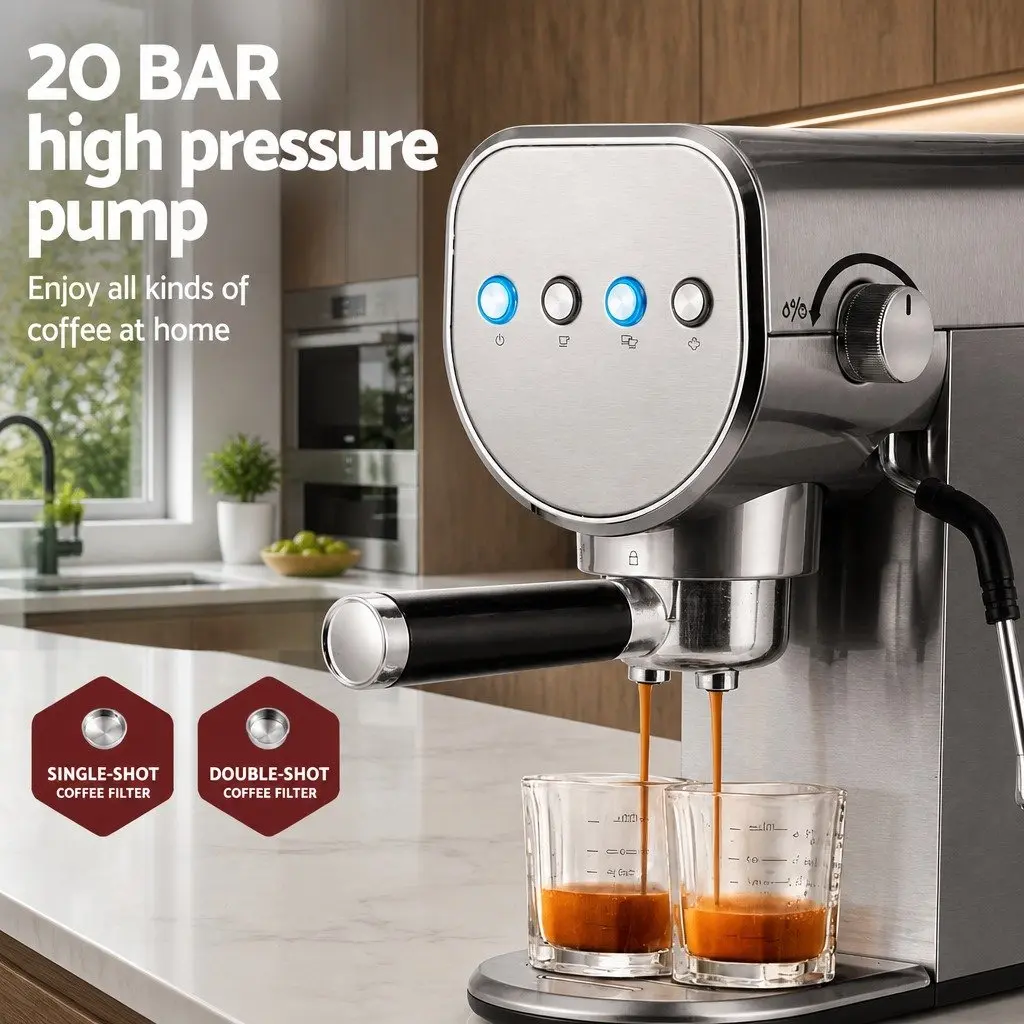 Espresso Coffee Machine 20 Bar Powerful Pressure Instant Heat System Milk Frother Mug Warmer Silver
