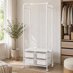 Clothes Rack Stand 63CM Horizontal Bar Storage Boxes Side Hooks Shoe Shelf