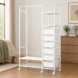 Clothes Rack Stand 94cm Wardrobe Organizer Hanging Bar Storage Boxes Wheels