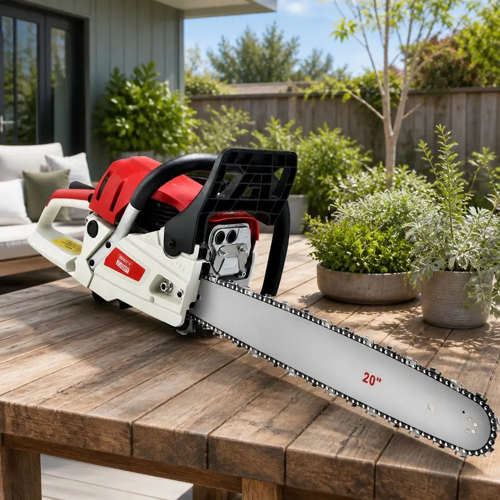 58cc Petrol Chainsaw 20 Inch Bar 2.4kW 2 Stroke E-Start Red and White