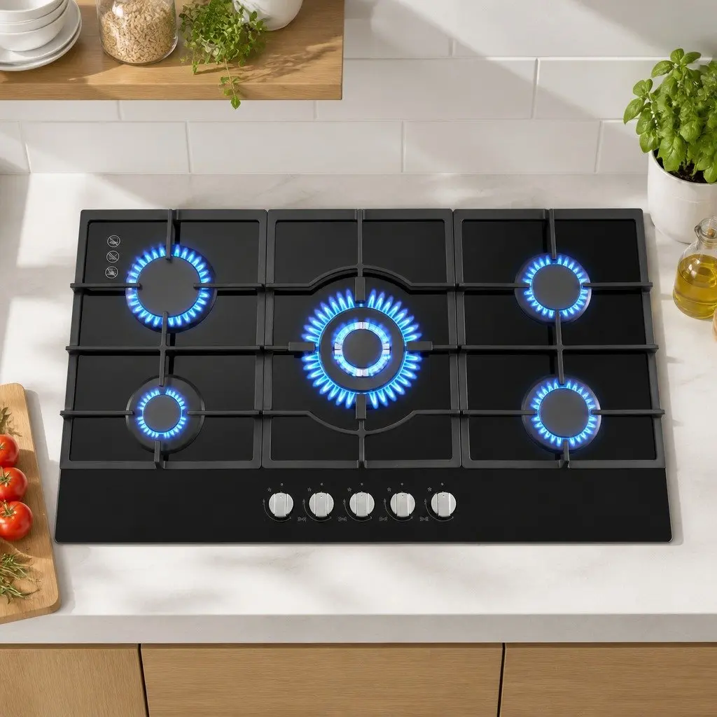 Gas Cooktop 90cm 5 Burner LPG NG Black Tempered Glass Hob