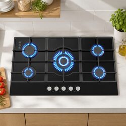 Gas Cooktop 90cm 5 Burner Built-In LPG NG Black Tempered Glass Hob