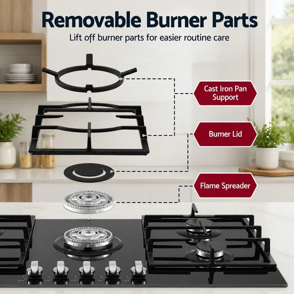 Gas Cooktop 90cm 5 Burner LPG NG Black Tempered Glass Hob