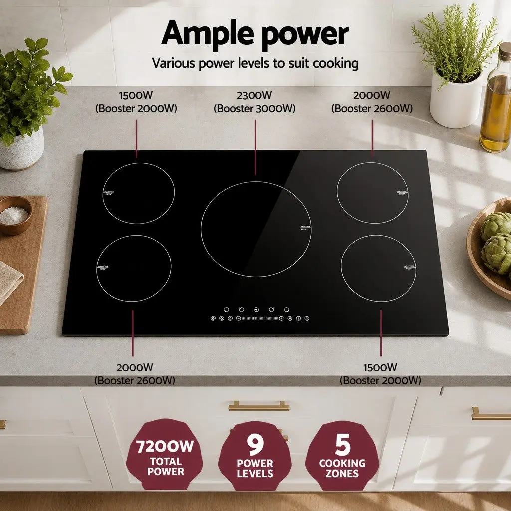 Induction Cooktop 90cm Electric Stove 5 Cooking Zones Touch Control Black Glass