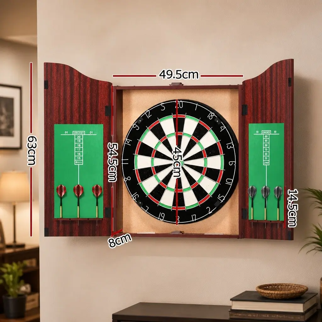 Dartboard Cabinet with Integrated Dart Storage 18 Inch Brown Wooden Wall Mount Game