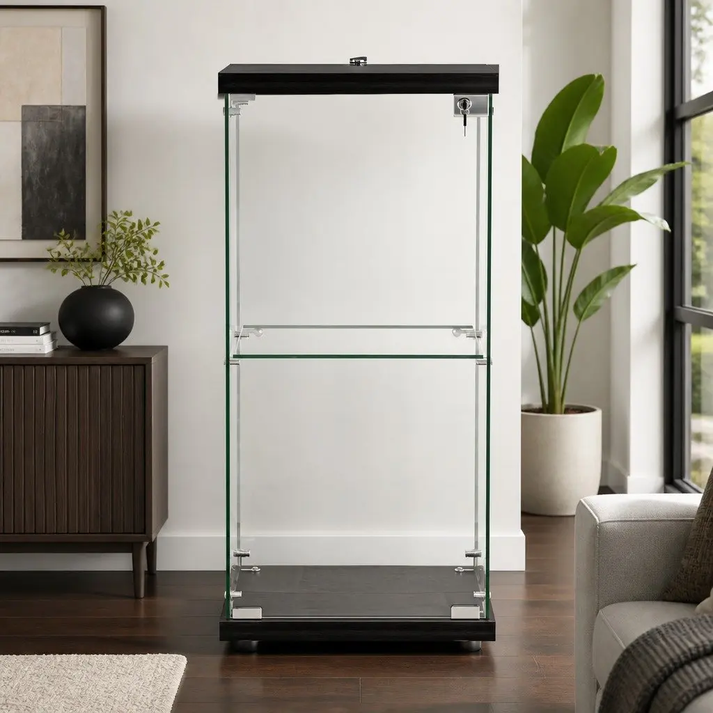 Glass Display Cabinet Tempered Glass Shelves 2 Tier Lock Door Black
