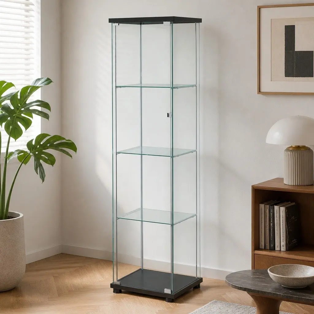 Glass Display Cabinet Black 4-Tier Lockable Storage Unit with Wheels Showcase