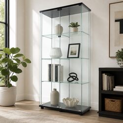 Glass Display Cabinet 4-Tier 164cm Tall Tempered Glass Shelves 2 Magnetic Doors