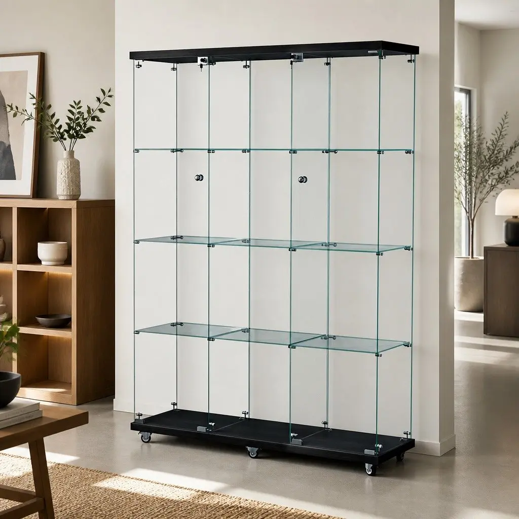 Glass Display Cabinet 169cm Tall 4 Tier Lockable Wheeled Storage Showcase