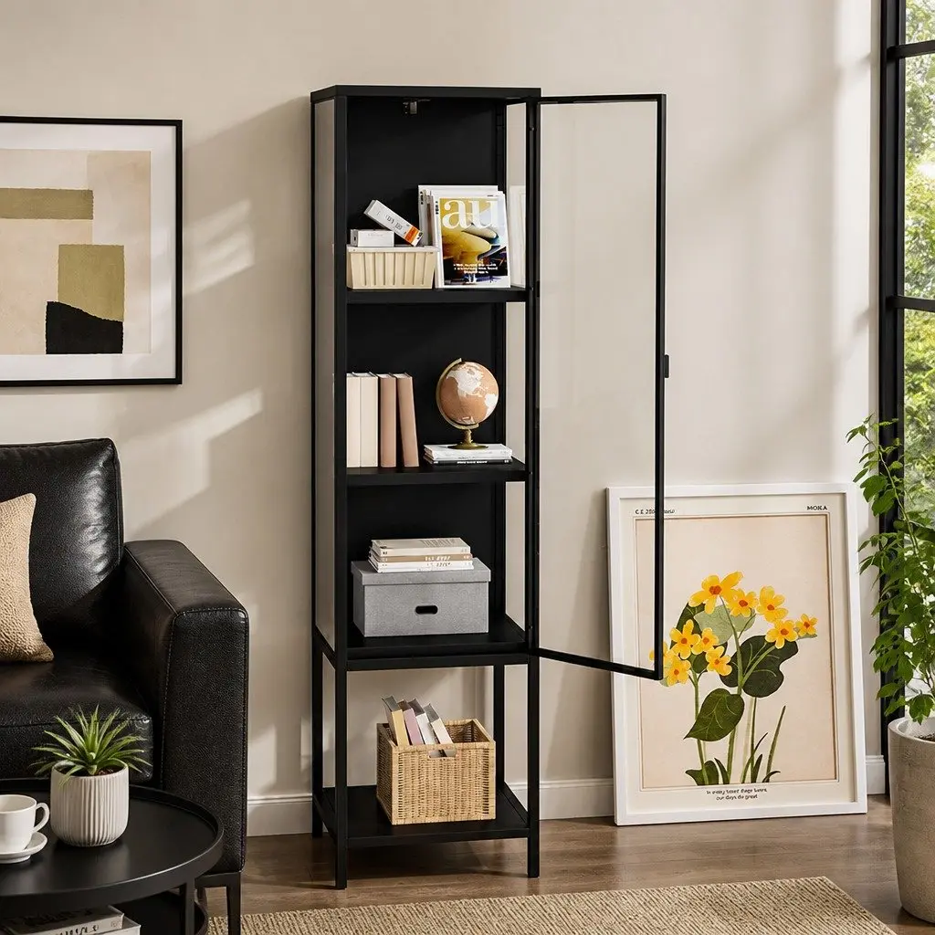 Glass Display Cabinet 4 Tier Tempered Glass Shelves Black Cold Rolled Steel Frame