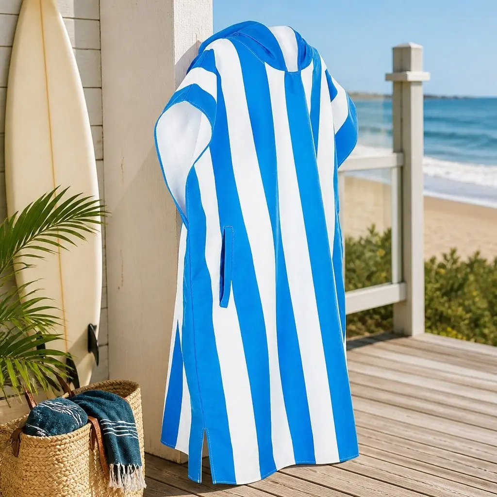 Hooded Poncho Towel Quick Dry Medium Bondi Blue Lightweight Travel