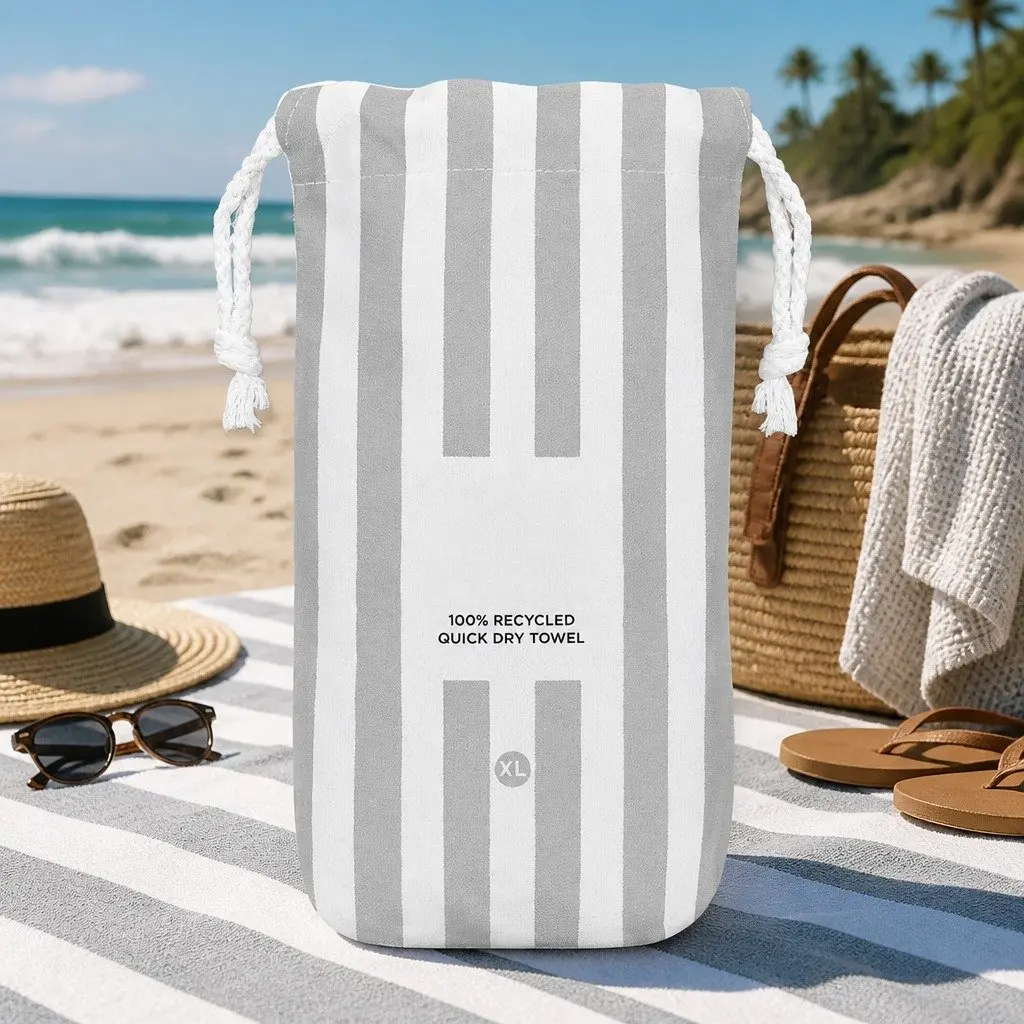 Extra Large Quick Dry Beach Towel Lightweight Goa Grey Cabana Striped Pattern