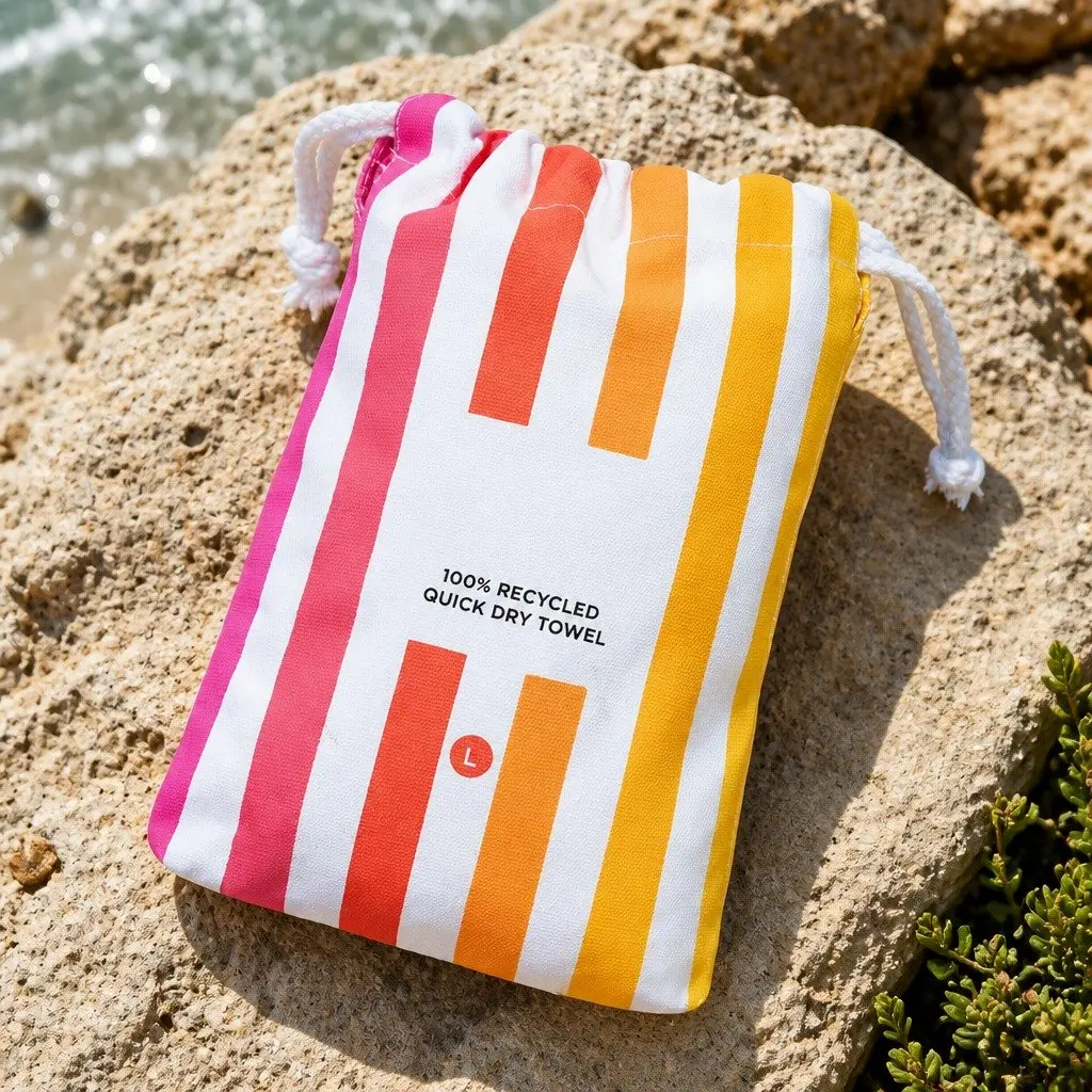 Large Beach Towel Quick Dry Striped Pattern Lightweight Compact Peach Sunrise