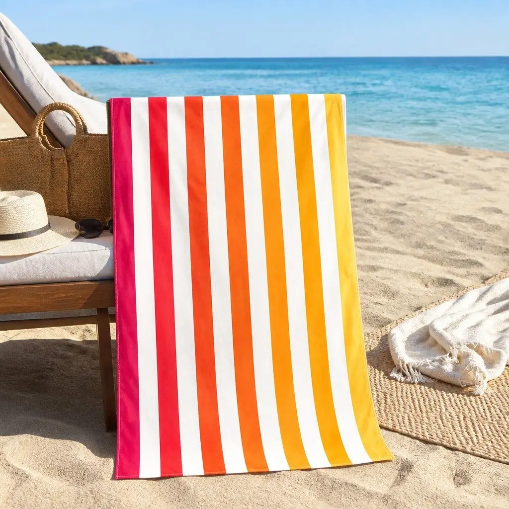 Large Beach Towel Quick Dry Striped Pattern Lightweight Compact Peach Sunrise