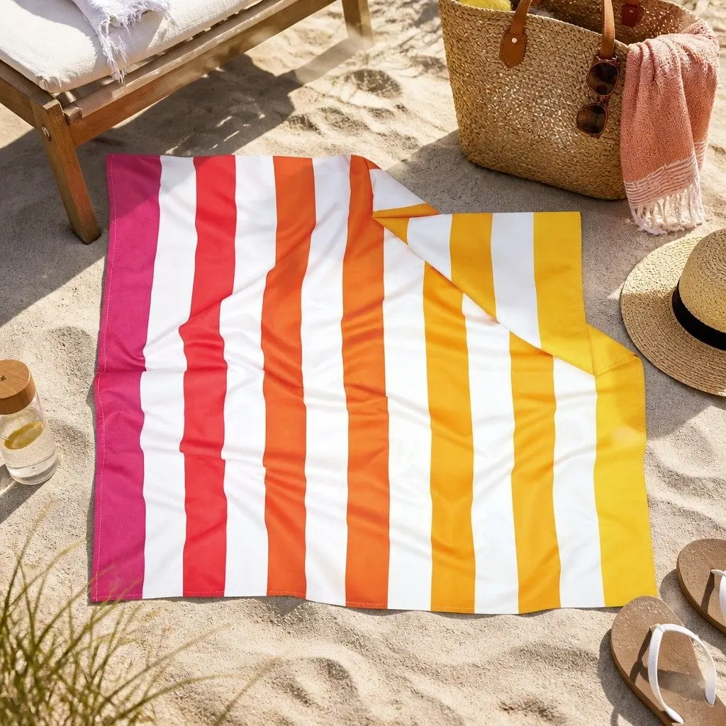 Large Beach Towel Quick Dry Striped Pattern Lightweight Compact Peach Sunrise