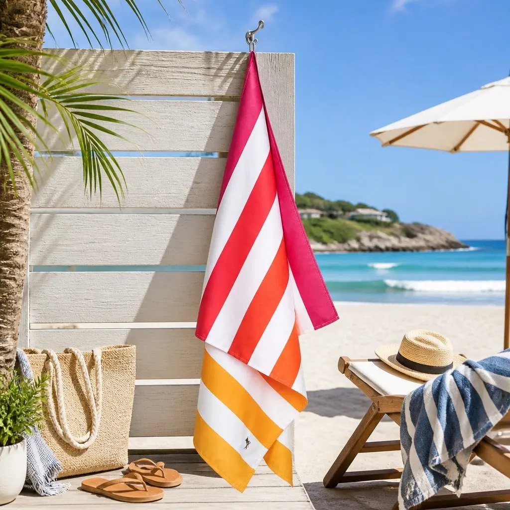 Large Beach Towel Quick Dry Striped Pattern Lightweight Compact Peach Sunrise