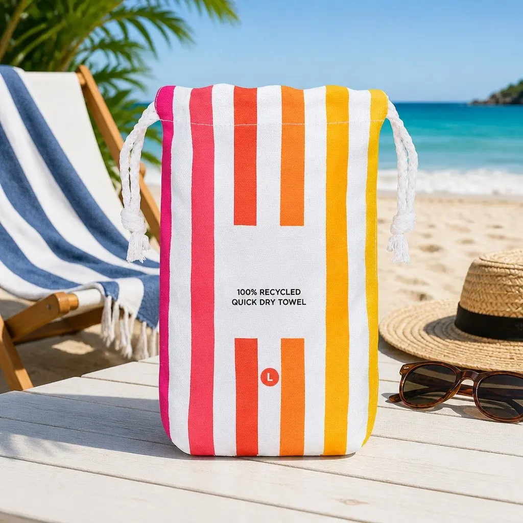 Large Beach Towel Quick Dry Striped Pattern Lightweight Compact Peach Sunrise