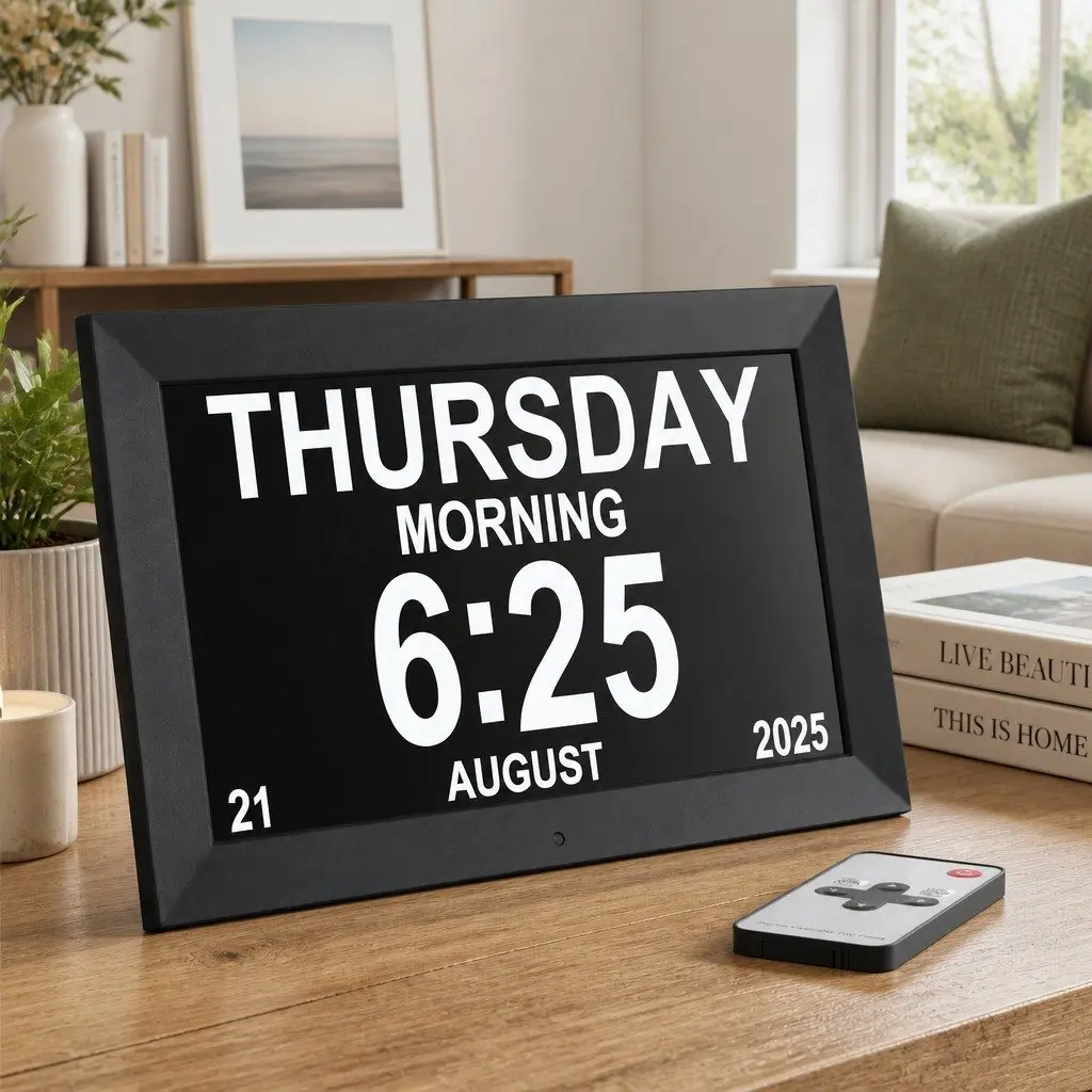 Digital Day Clock Large Display 10 Inch LCD Black