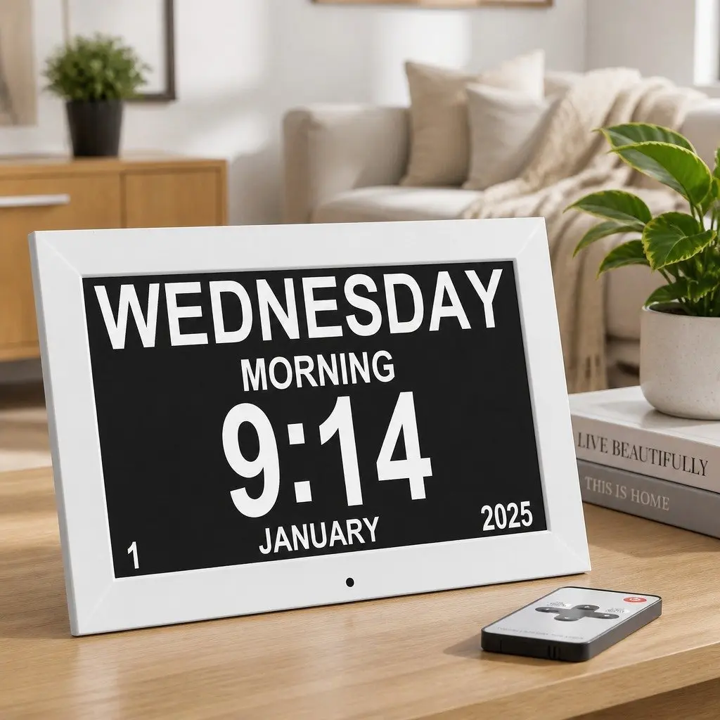 Digital Day Clock Large LCD Display 10 Inch White Desk Wall Mount