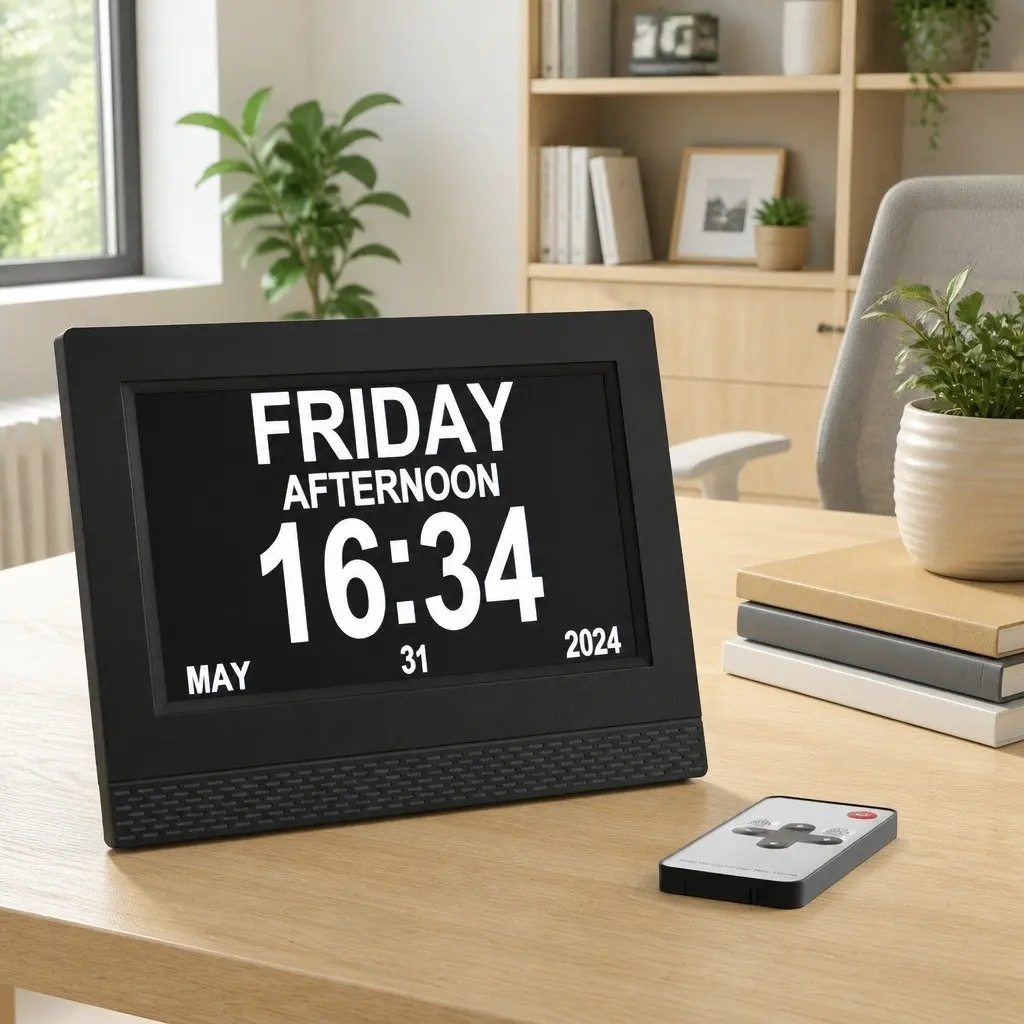 Digital Day Clock 7 Inch LCD Display with Remote Control Black