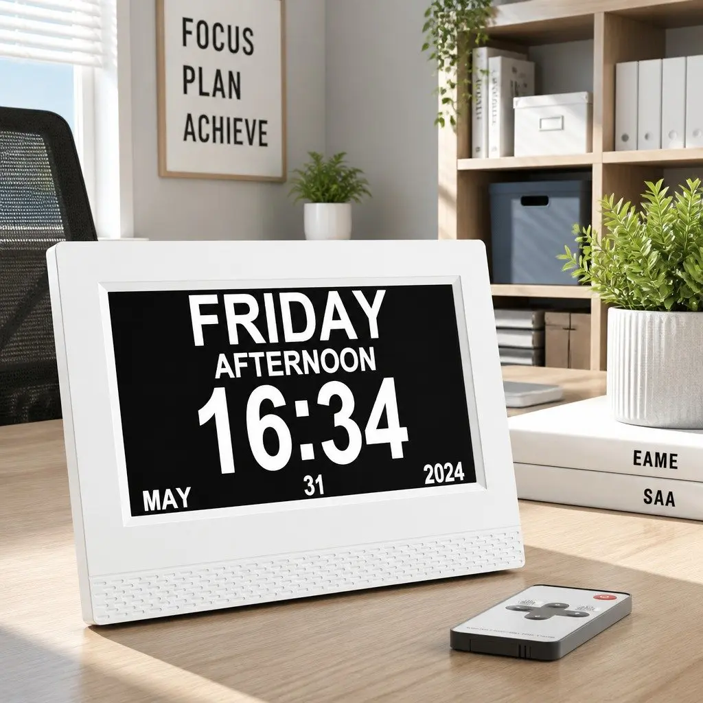 Digital Day Clock Large 7 Inch LCD Display White Desk Clock with Auto Dimming Alarm and Multi Language Support