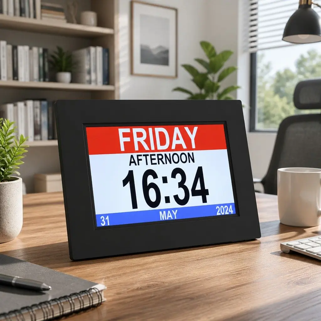 Digital Day Clock 8 Inch LCD Display Auto Dimming Desk Wall Mount Black