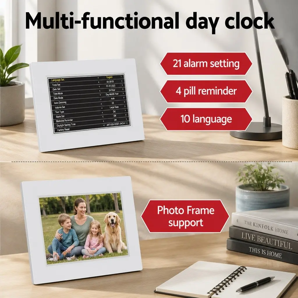 Digital Day Clock Large Display 8 Inch LCD Desk Wall Mount White