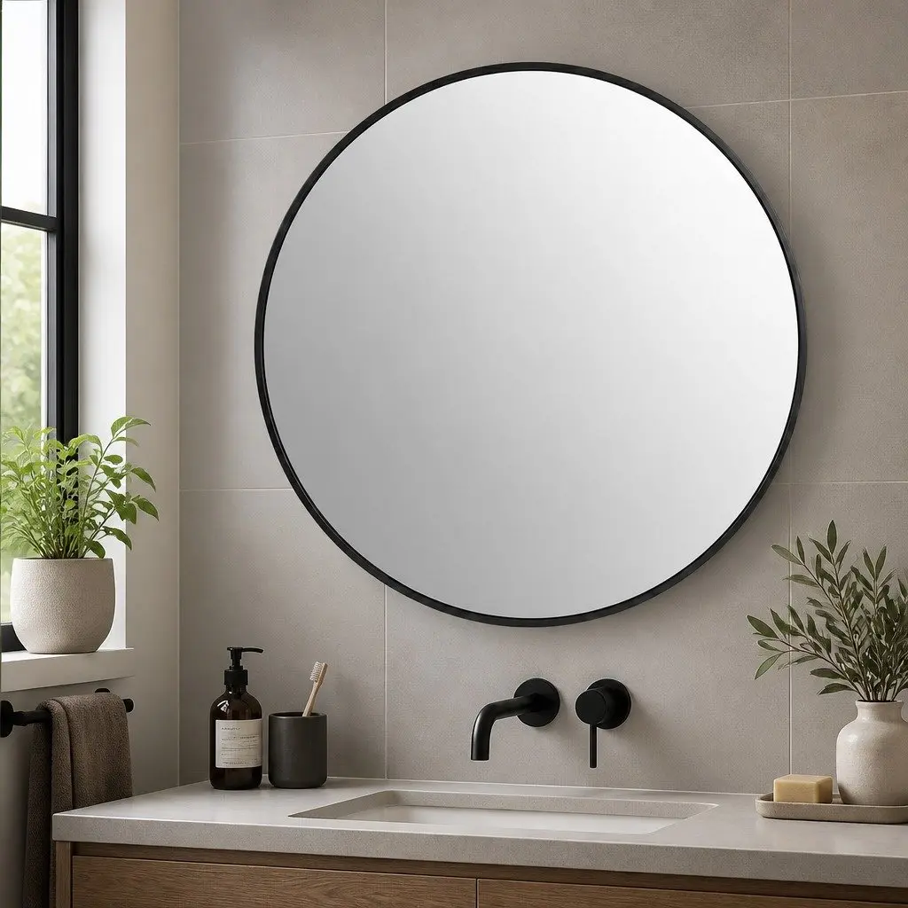 Round Wall Mirror 60cm Black Frame HD Glass Anti-explosion