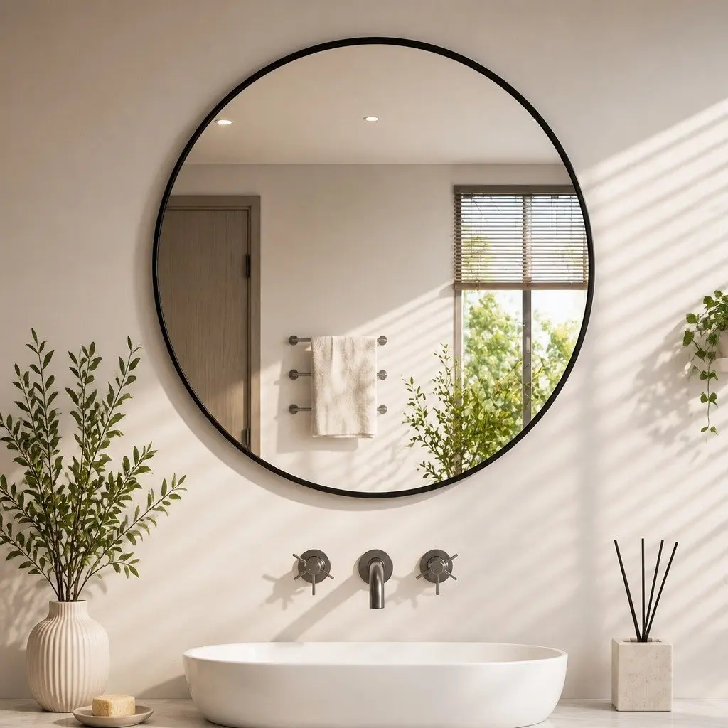 Round Wall Mirror 60cm Black Frame HD Glass Anti-explosion