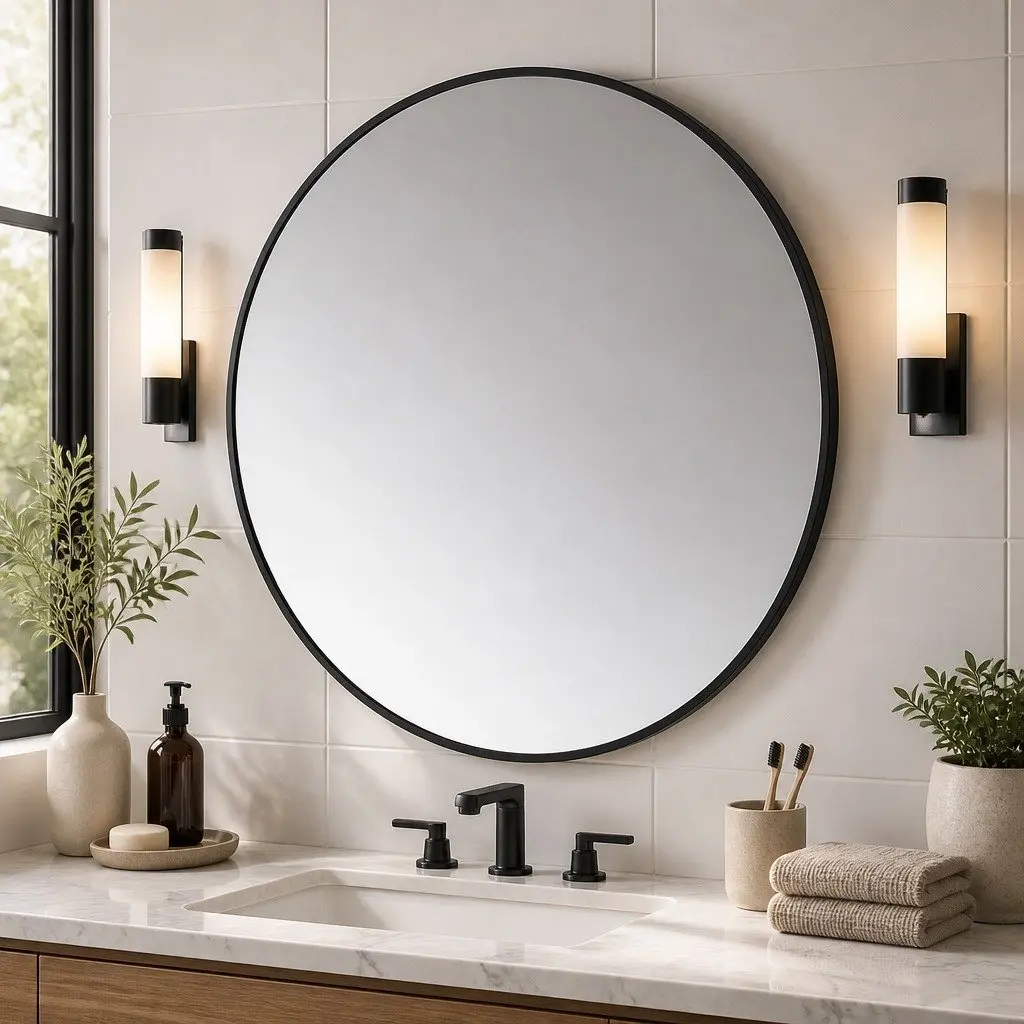 Round Wall Mirror 60cm Black Frame HD Glass Anti-explosion