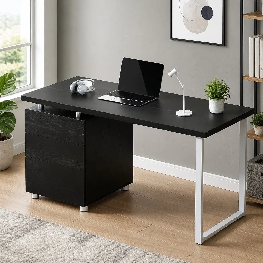 Computer Desk with 3 Drawers 140cm Wide Black Office Workstation Study Table