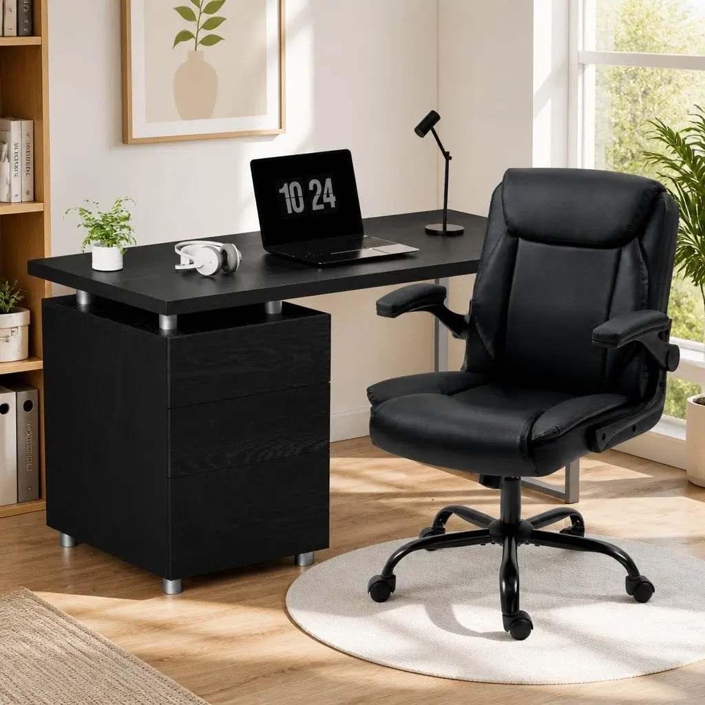 Office Chair and Computer Desk Set Black Executive Workstation Combo Pack