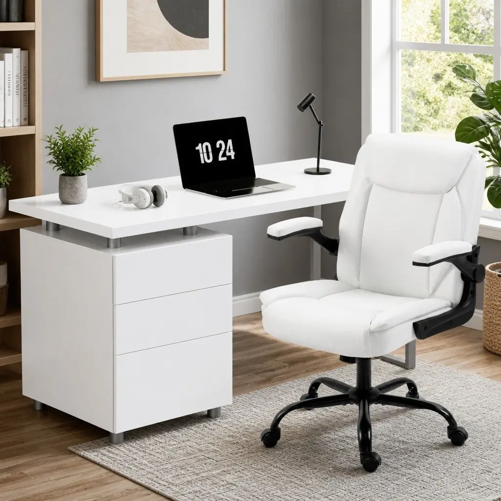Computer Desk and Office Chair Combo Set White Contemporary Design with Storage