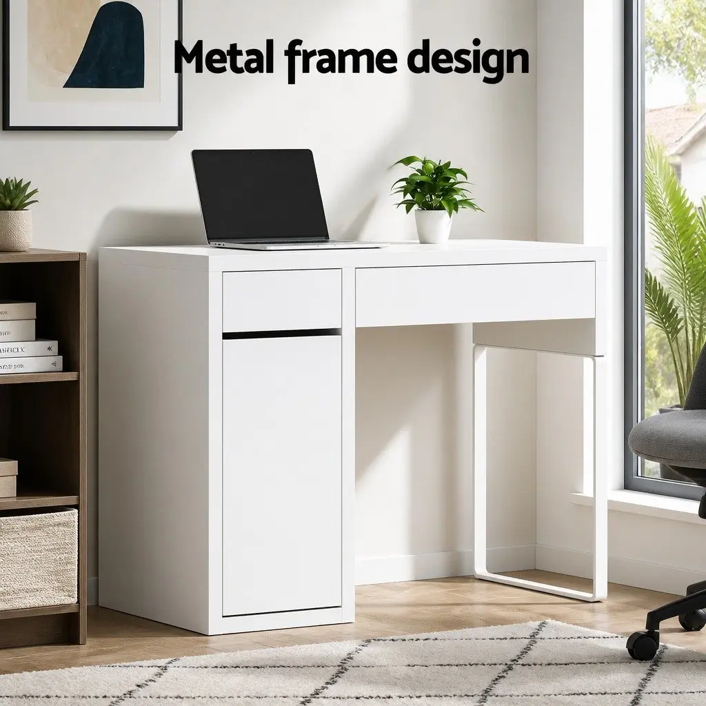 Computer Desk with 2 Drawers and 3-Tier Cabinet Storage White