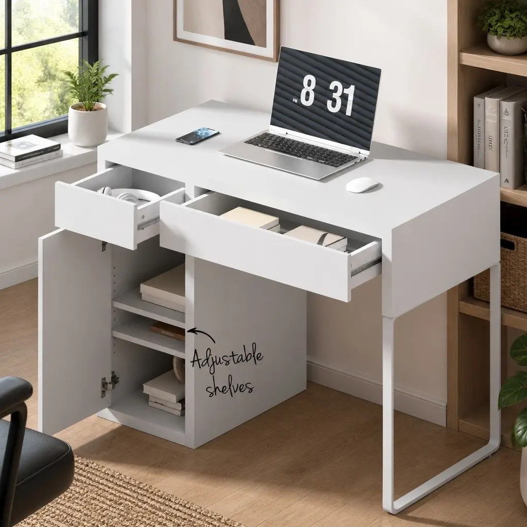 Computer Desk with 2 Drawers and 3-Tier Cabinet Storage White